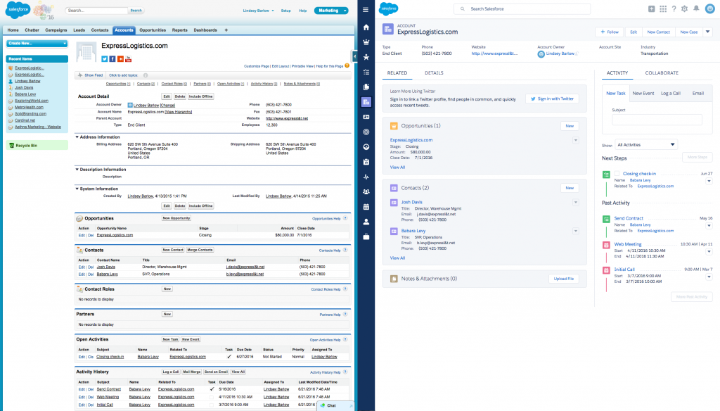 Comparison of Account records in Salesforce Classic and Lightning Experience.